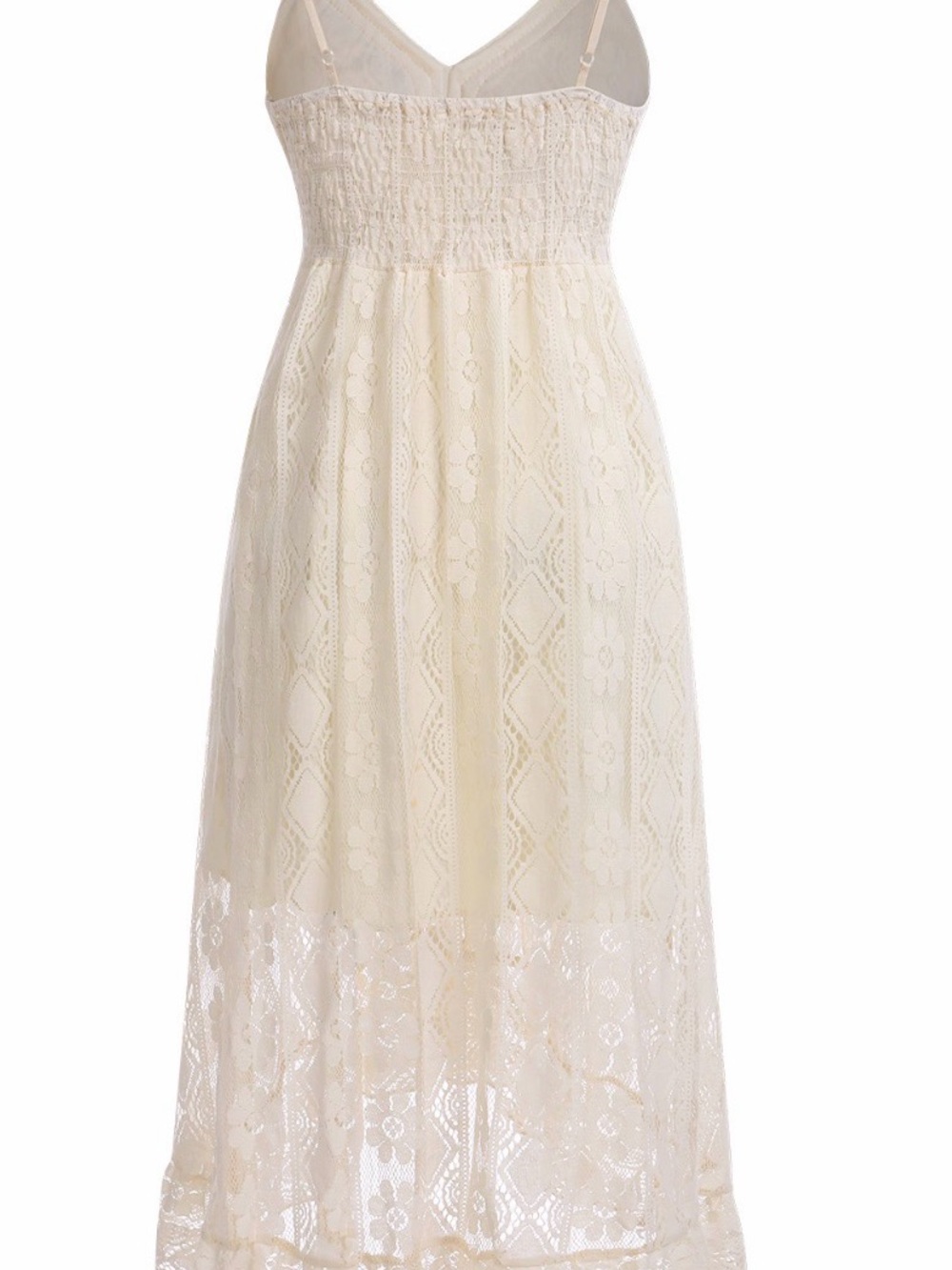Boho Lace Hi-Lo Maxi Dress in Cream Lace with Tassels and Gold trim w/ Pom-Poms - Picture 3 of 8